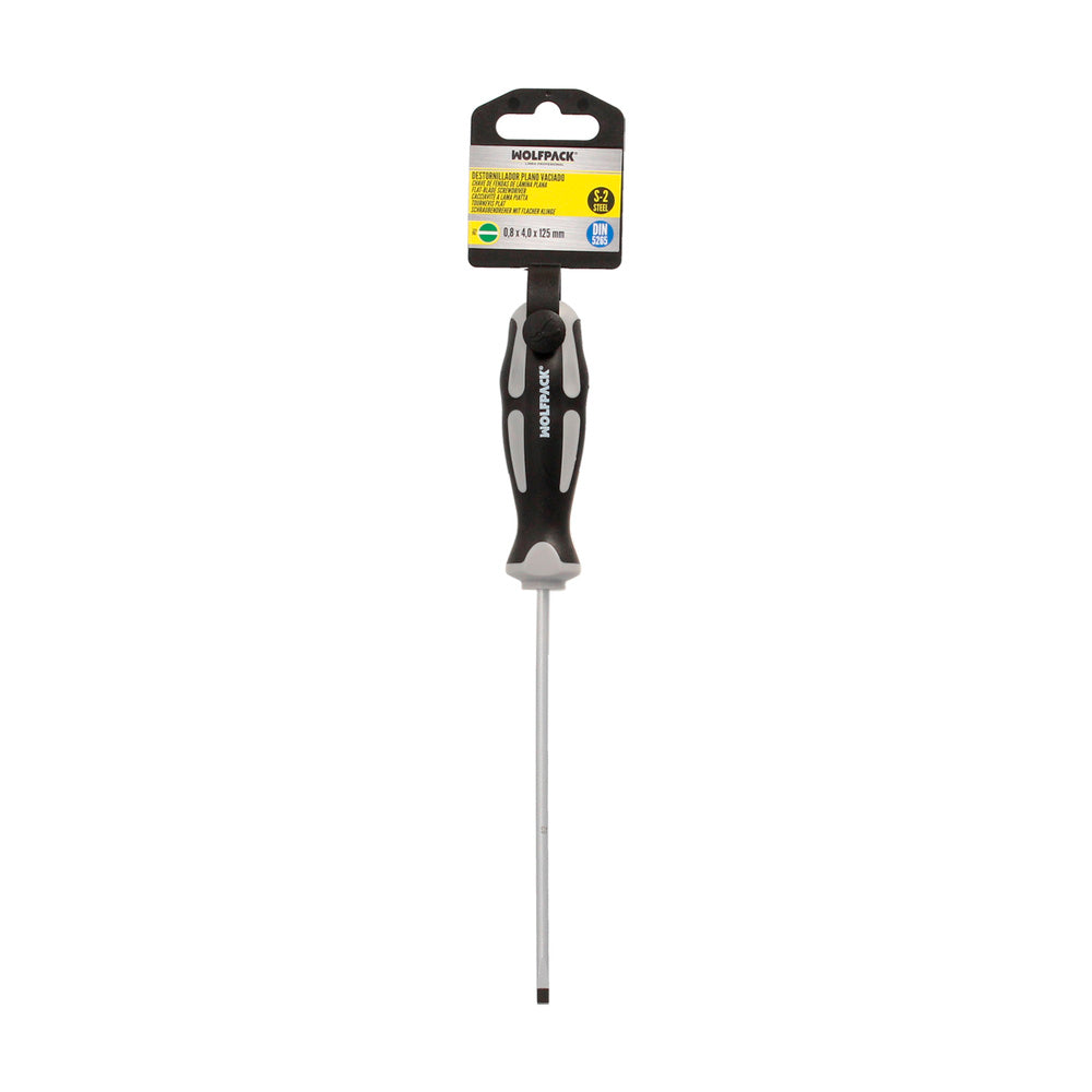 Chave de fendas de ponta ranhurada, aço S2, cabo bimaterial TPR. Medida 0,8 x ø 4,0 x 125 mm DIN5265