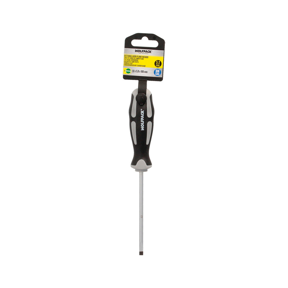 Chave de fendas de ponta ranhurada, aço S2, punho TPR bimaterial. Medida 1,0 x Ø 5,0 x 100 mm DIN 5265
