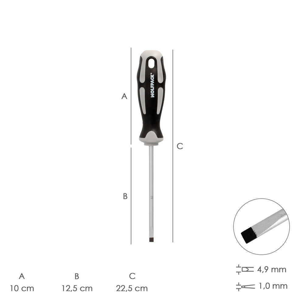 Flathead screwdriver, S2 steel shank, TPR bi-material handle. Size 1.0 x ø 5.0 x 125 mm DIN5265