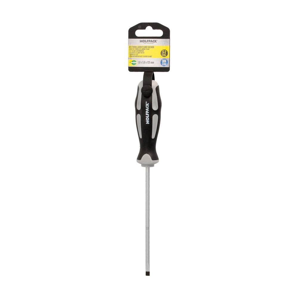 Chave de fendas de ponta ranhurada em aço S2, cabo bimaterial TPR. Medida 1,0 x ø 5,0 x 125 mm DIN5265