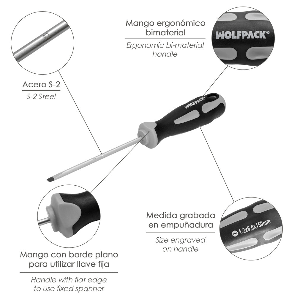 Flat head screwdriver, S2 steel, TPR bi-material handle. Size 1.2 x ø 6.0 x 150 mm, DIN5265