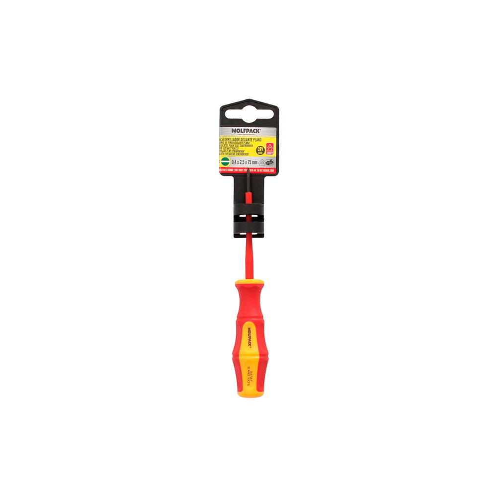 Destornillador plano aislado certificado vde 1.000 v. Medida 0,4 x ø 2,5 x 75 mm destornillador seguridad electricista
