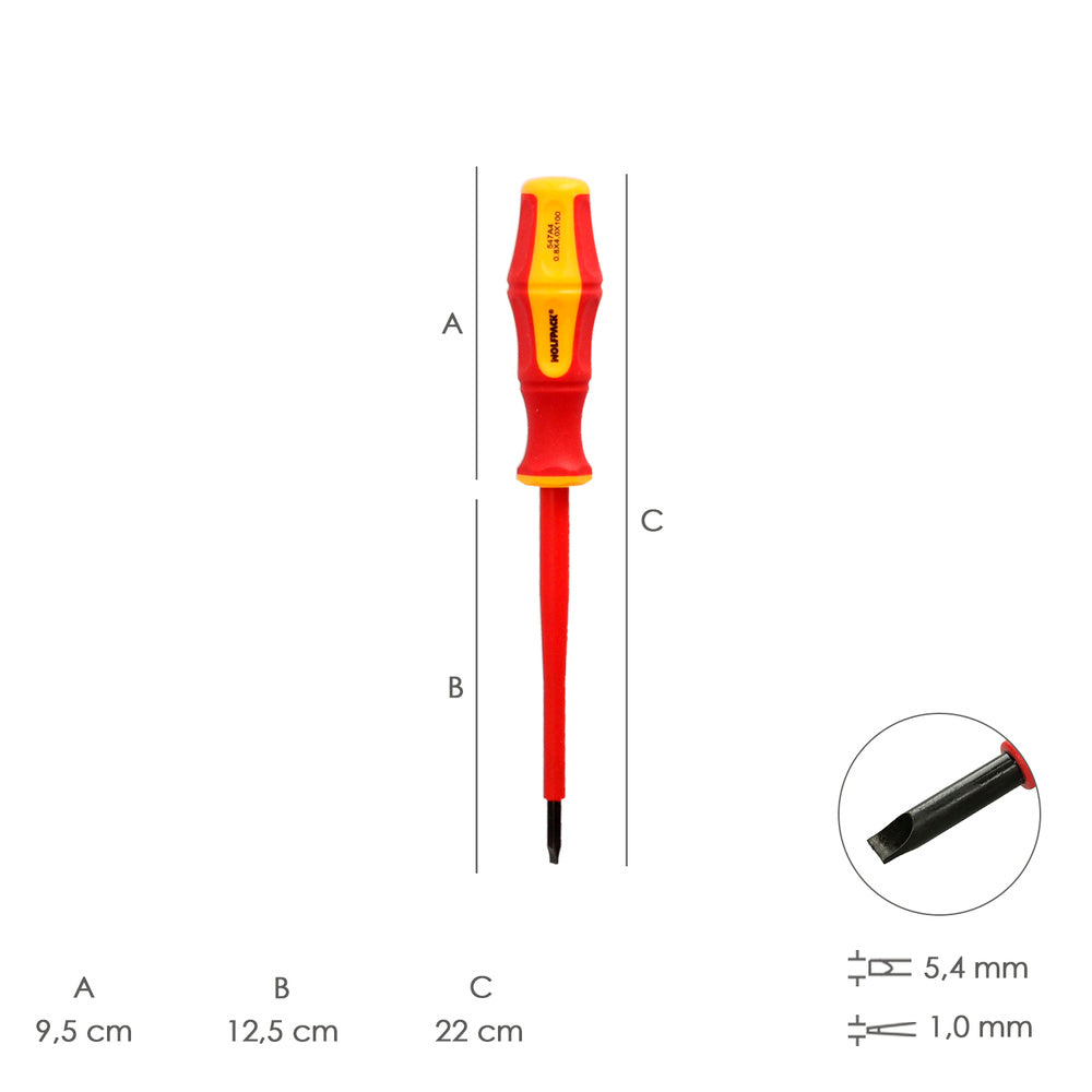 Destornillador plano aislado certificado vde 1.000 v. Medida 1,0 x ø 5,5 x 125 mm destornillador seguridad electricista