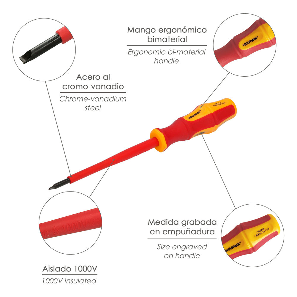 Destornillador plano aislado certificado vde 1.000 v. Medida 1,0 x ø 5,5 x 125 mm destornillador seguridad electricista