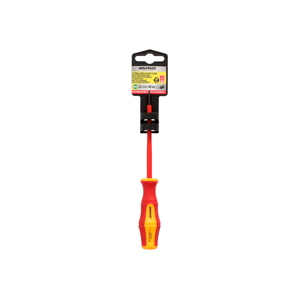 Destornillador plano aislado certificado vde 1.000 v. Medida 0.5 x ø 3.0 x 100 mm destornillador seguridad electricista