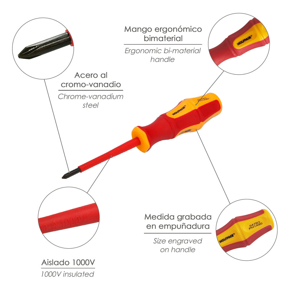 Destornillador phillips aislado certificado vde 1.000 v. Medida ph 1 - 4,5 x 80 mm destornillador seguridad electricista