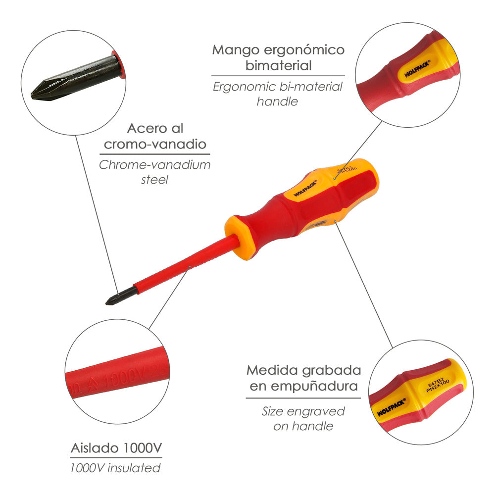 Destornillador phillips aislado certificado vde 1.000 v. Medida ph 2 - 6,0 x 100 mm destornillador seguridad electricista