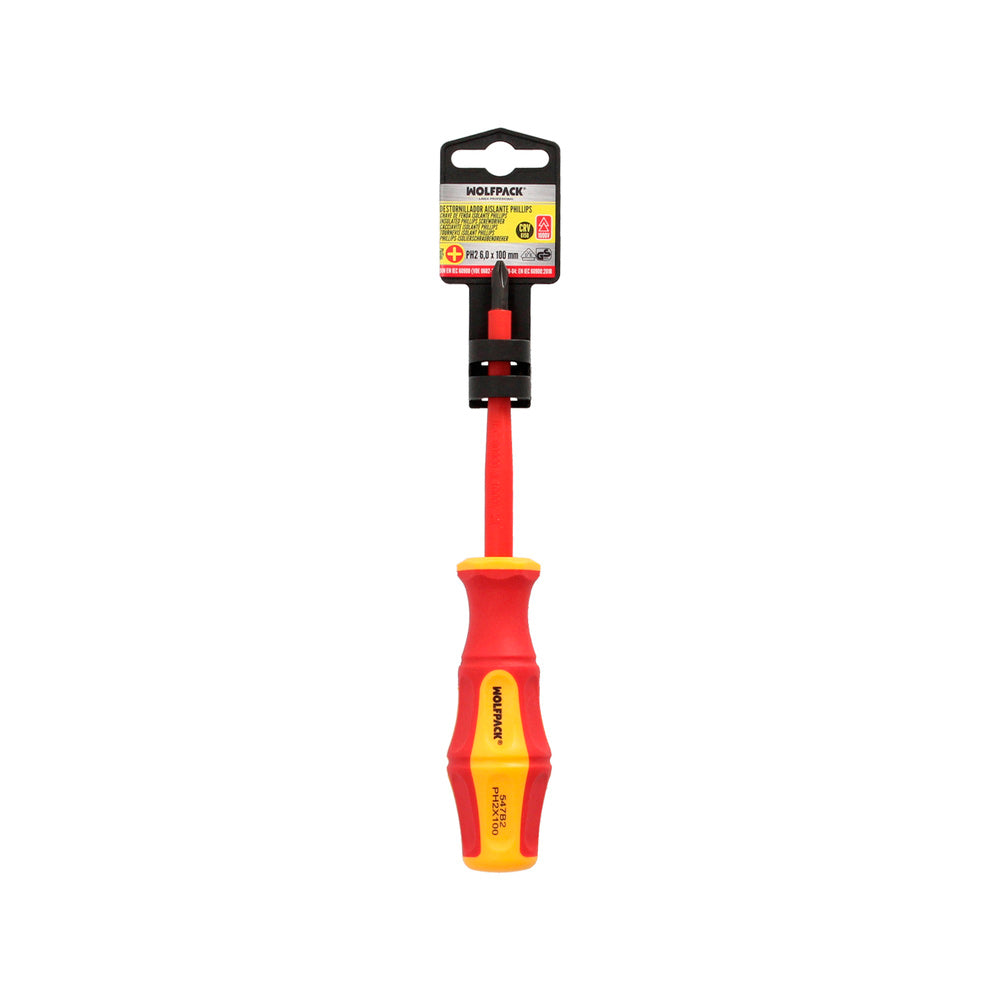 Destornillador phillips aislado certificado vde 1.000 v. Medida ph 2 - 6,0 x 100 mm destornillador seguridad electricista