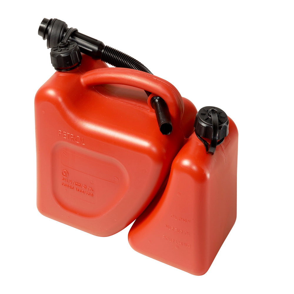 Dual fuel can. 5 + 2 liter capacity, "UN" approved, with spout