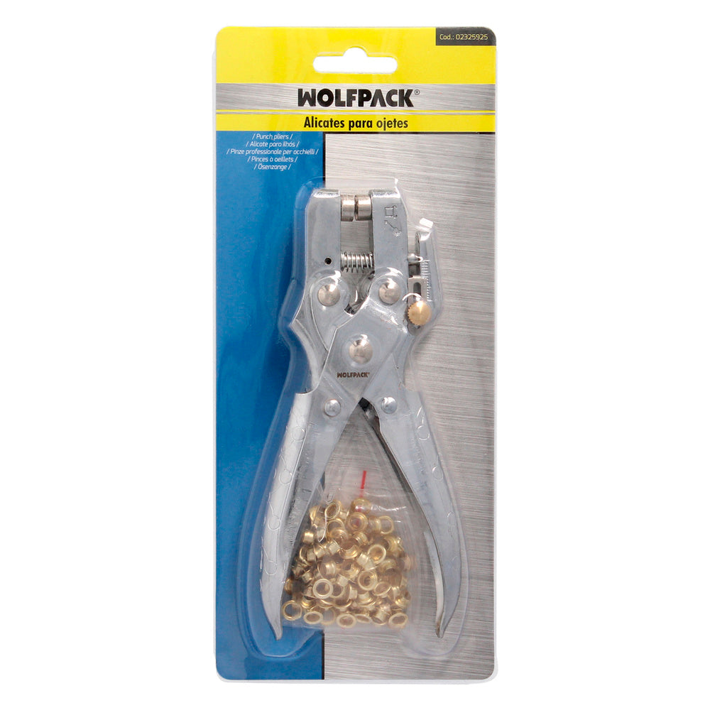 Alicate profissional para ilhós com 50 ilhós pequenos.