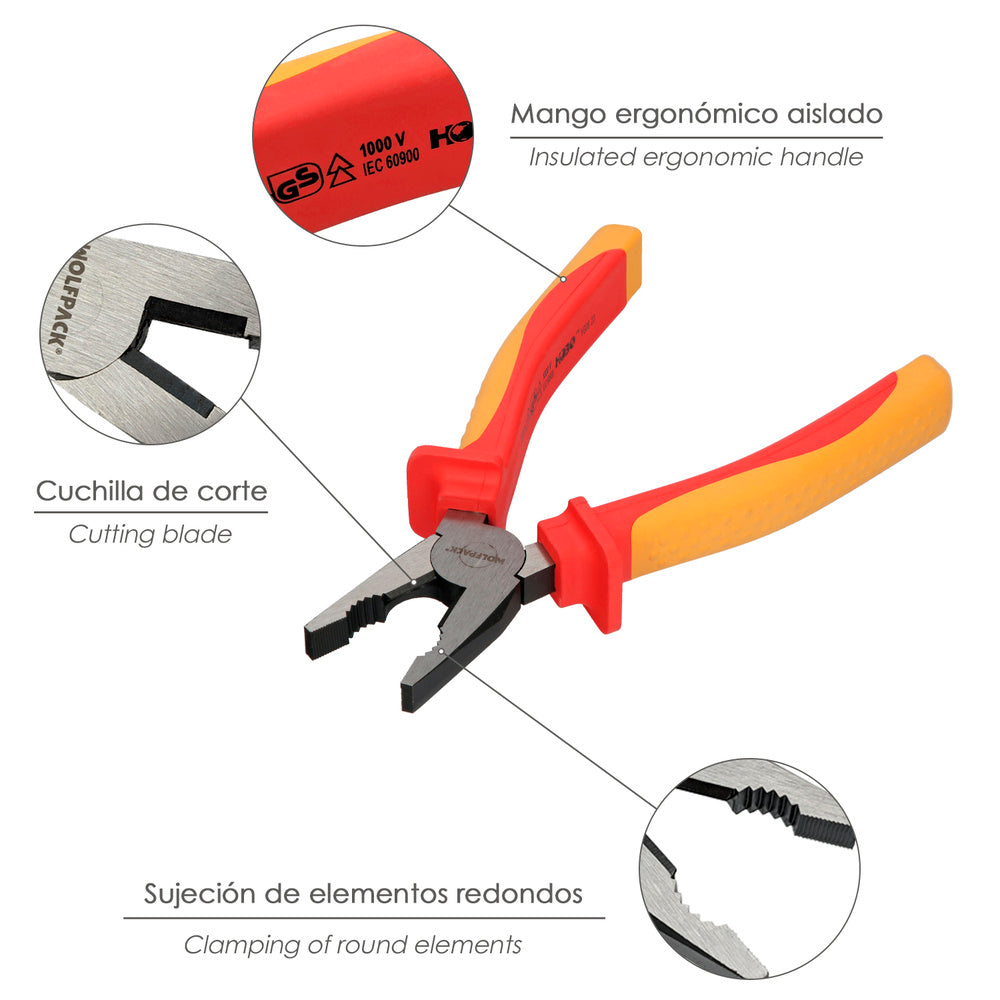 Combination pliers 200 mm insulated handles chrome vanadium steel wire strippers, cable cutters, cable strippers