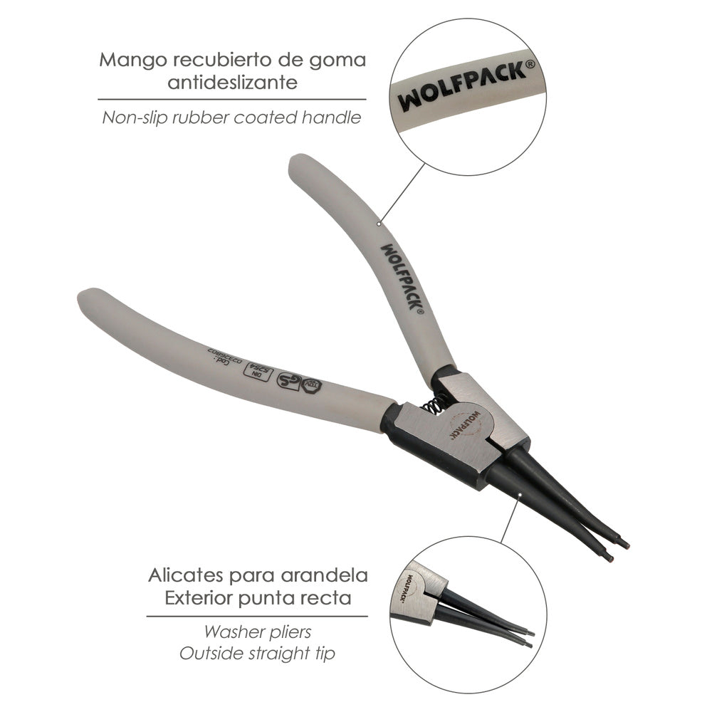 Pliers for external circlips, straight, 175mm, DIN 5254 steel. Snap rings, retaining rings, circlip washers
