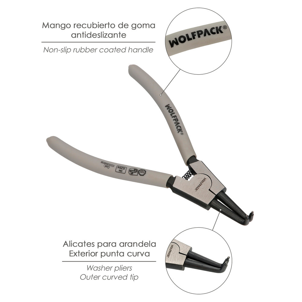 Alicates arandelas exteriores curvo 175 mm acero din 5254. Anillos de presión, anillos de retención, arandelas circlips