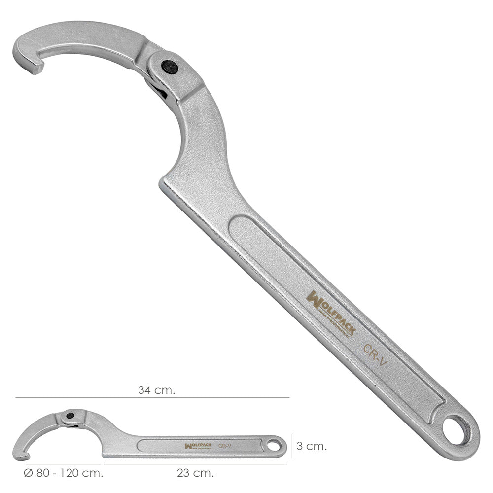 Articulated hook wrench for pipes ø 80 to 120 mm