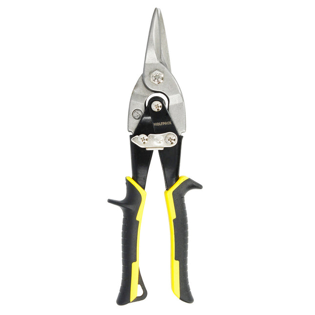 Tijeras chapa corte central 250 mm. hoja acero al carbono, mangos engomados, con dientes serrados, cortachapa, tijera aviacion