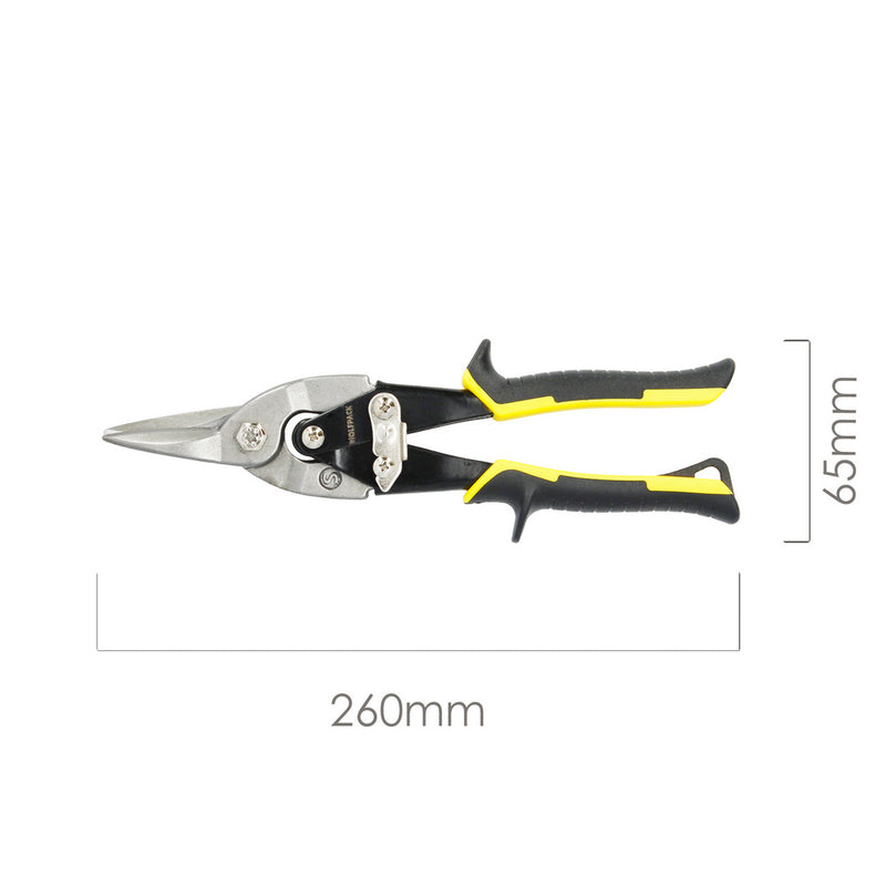 Tijeras chapa corte central 250 mm. hoja acero al carbono, mangos engomados, con dientes serrados, cortachapa, tijera aviacion