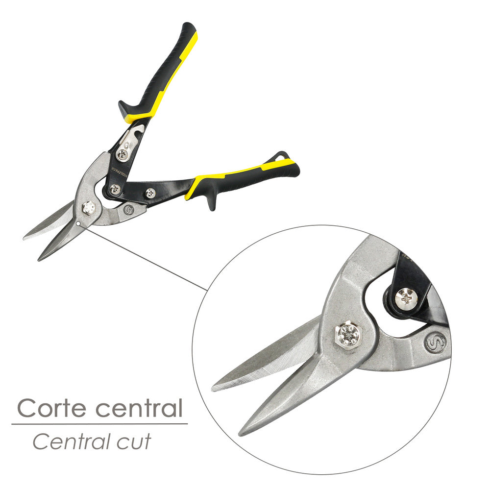 Sheet metal snips, straight cut, 250 mm carbon steel blade, rubberized handles, serrated edge, aviation snips