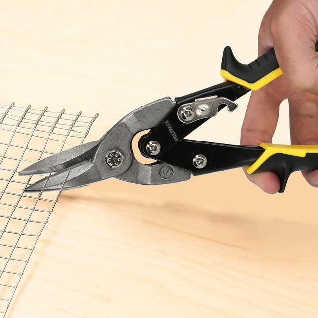 Tijeras chapa corte central 250 mm. hoja acero al carbono, mangos engomados, con dientes serrados, cortachapa, tijera aviacion