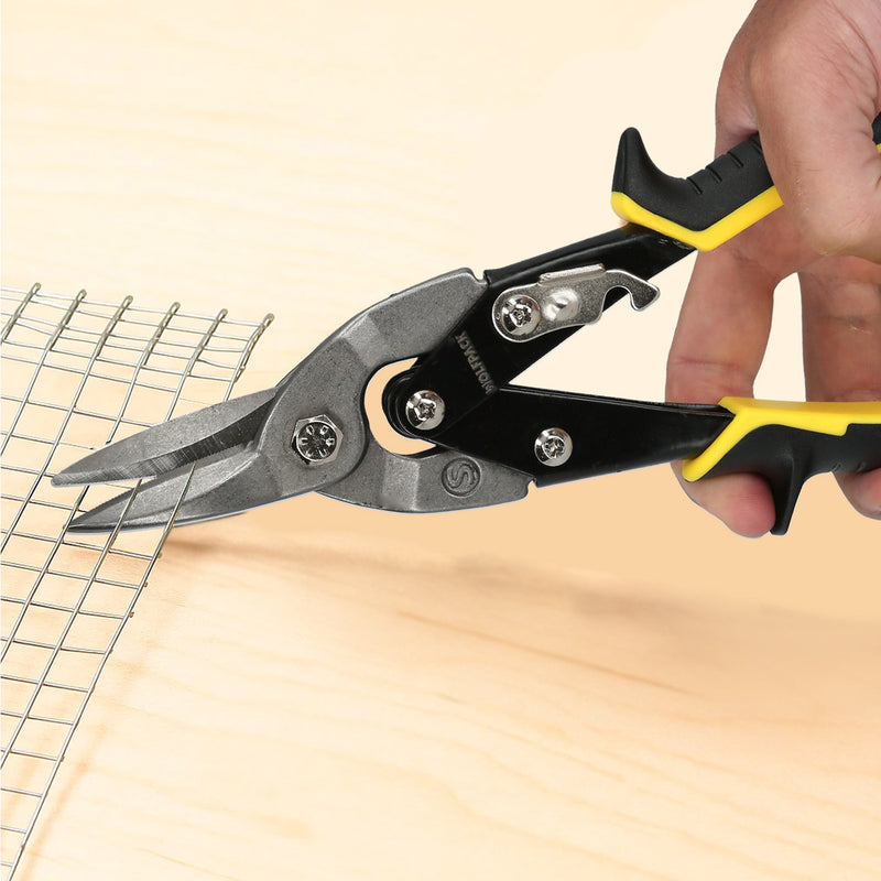 Tijeras chapa corte central 250 mm. hoja acero al carbono, mangos engomados, con dientes serrados, cortachapa, tijera aviacion