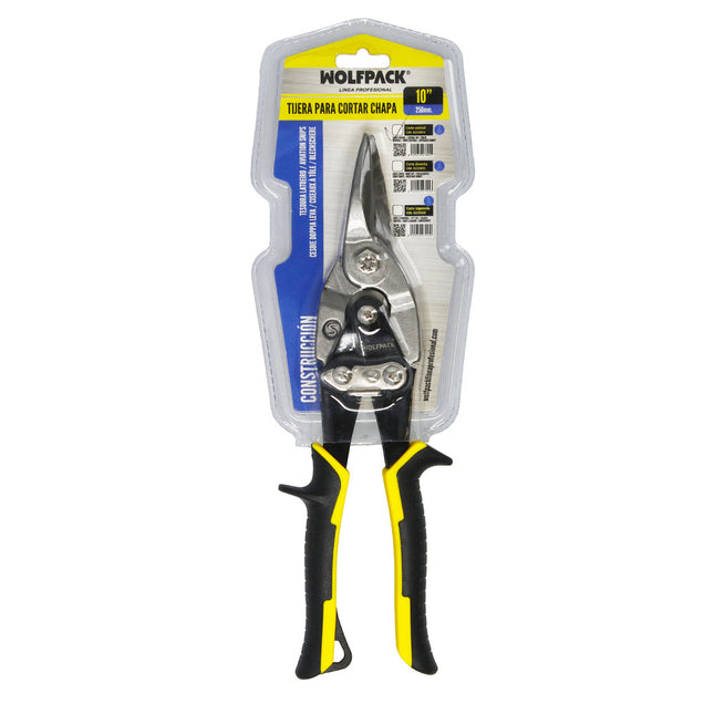 Tijeras chapa corte central 250 mm. hoja acero al carbono, mangos engomados, con dientes serrados, cortachapa, tijera aviacion