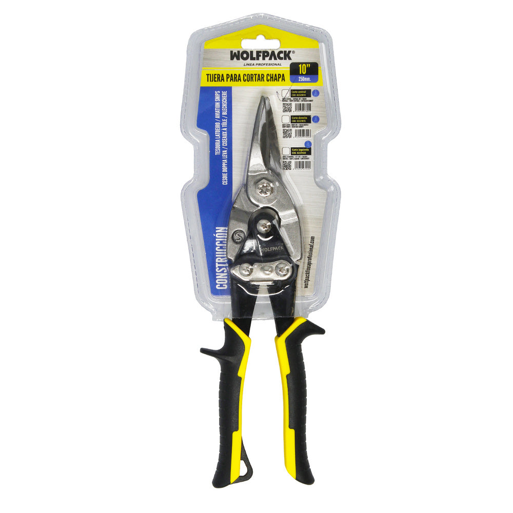 Sheet metal snips, straight cut, 250 mm carbon steel blade, rubberized handles, serrated edge, aviation snips