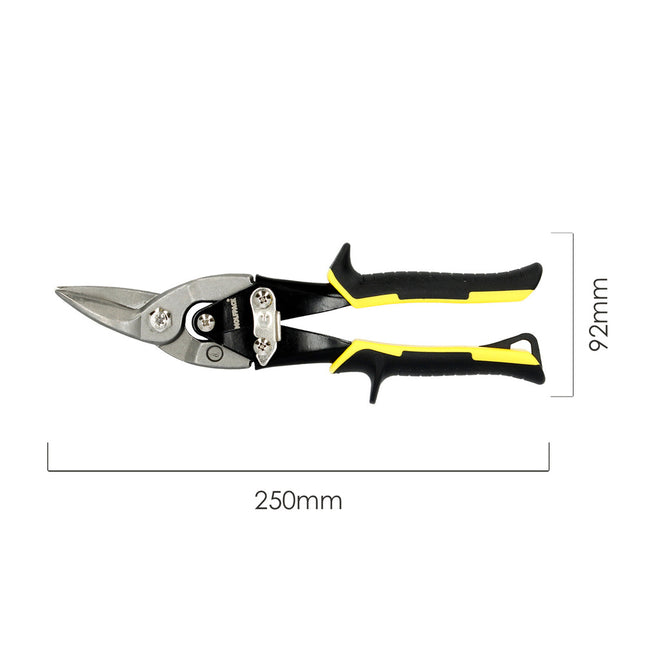 Tijeras chapa corte derechas 250 mm. hoja acero al carbono, mangos engomados, con dientes serrados, cortachapa, tijera aviacion