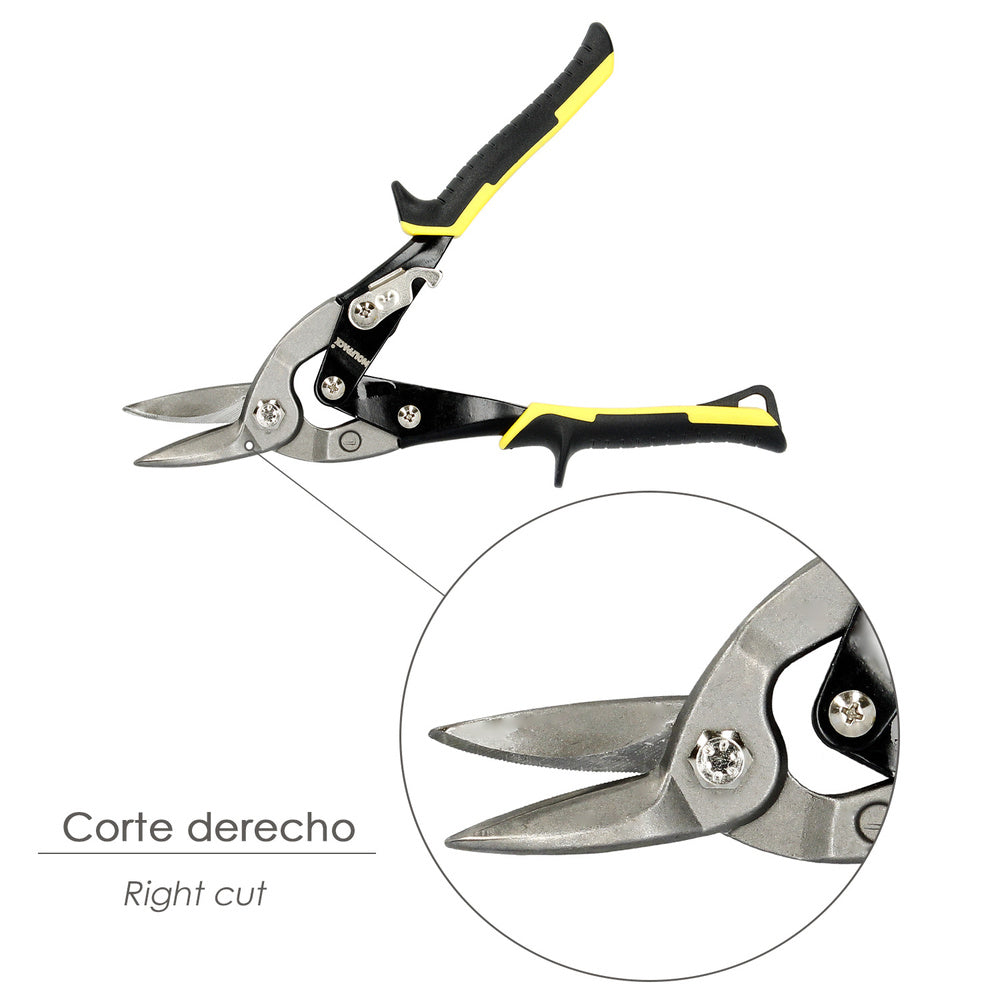 Tin snips, straight cut, 250 mm, carbon steel blade, rubberized handles, serrated edge, sheet metal shears, aviation snips