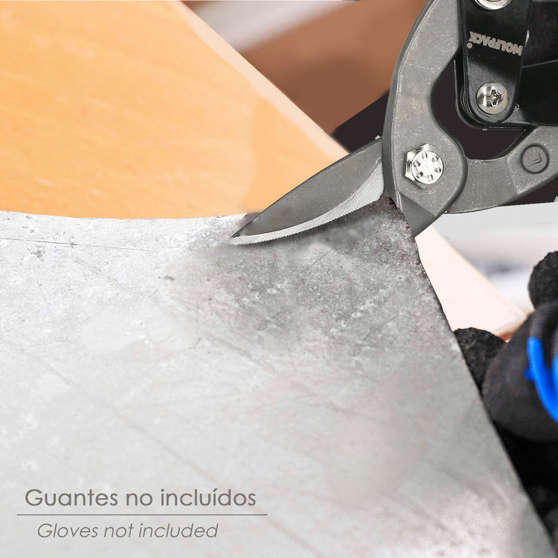 Tijeras chapa corte derechas 250 mm. hoja acero al carbono, mangos engomados, con dientes serrados, cortachapa, tijera aviacion