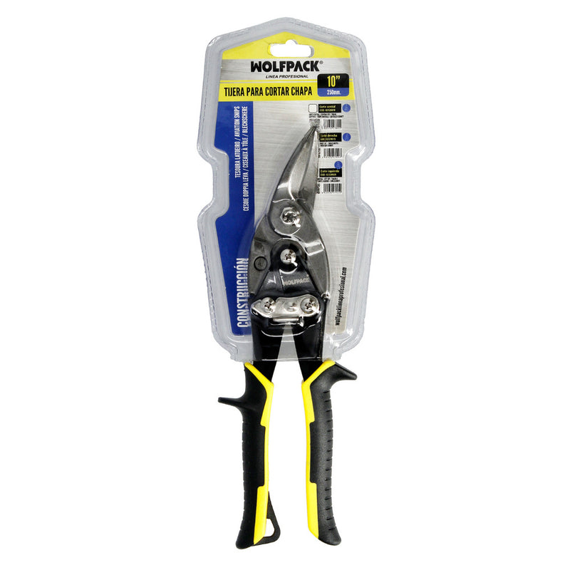 Tijeras chapa corte derechas 250 mm. hoja acero al carbono, mangos engomados, con dientes serrados, cortachapa, tijera aviacion