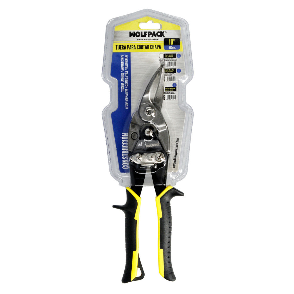 Tin snips, straight cut, 250 mm, carbon steel blade, rubberized handles, serrated edge, sheet metal shears, aviation snips