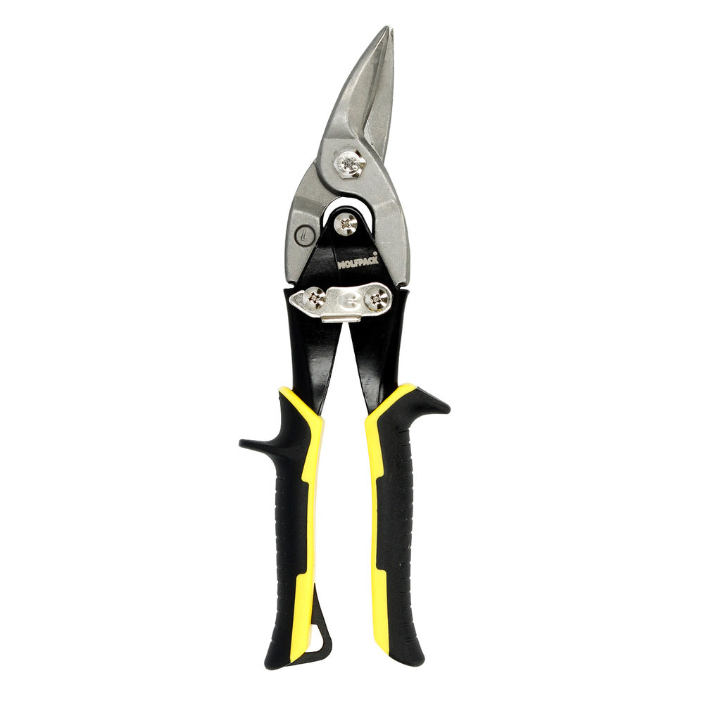 Tin snips, straight cut, 250 mm, carbon steel blade, rubberized handles, serrated edge, sheet metal shears, aviation snips
