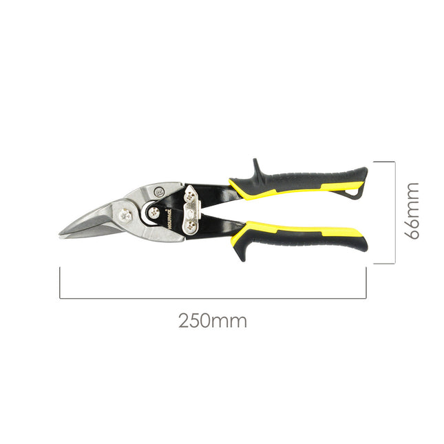 Tijeras chapa corte izquierda 250 mm. hoja acero al carbono, mangos engomados, con dientes serrados, cortachapa, tijera aviacion