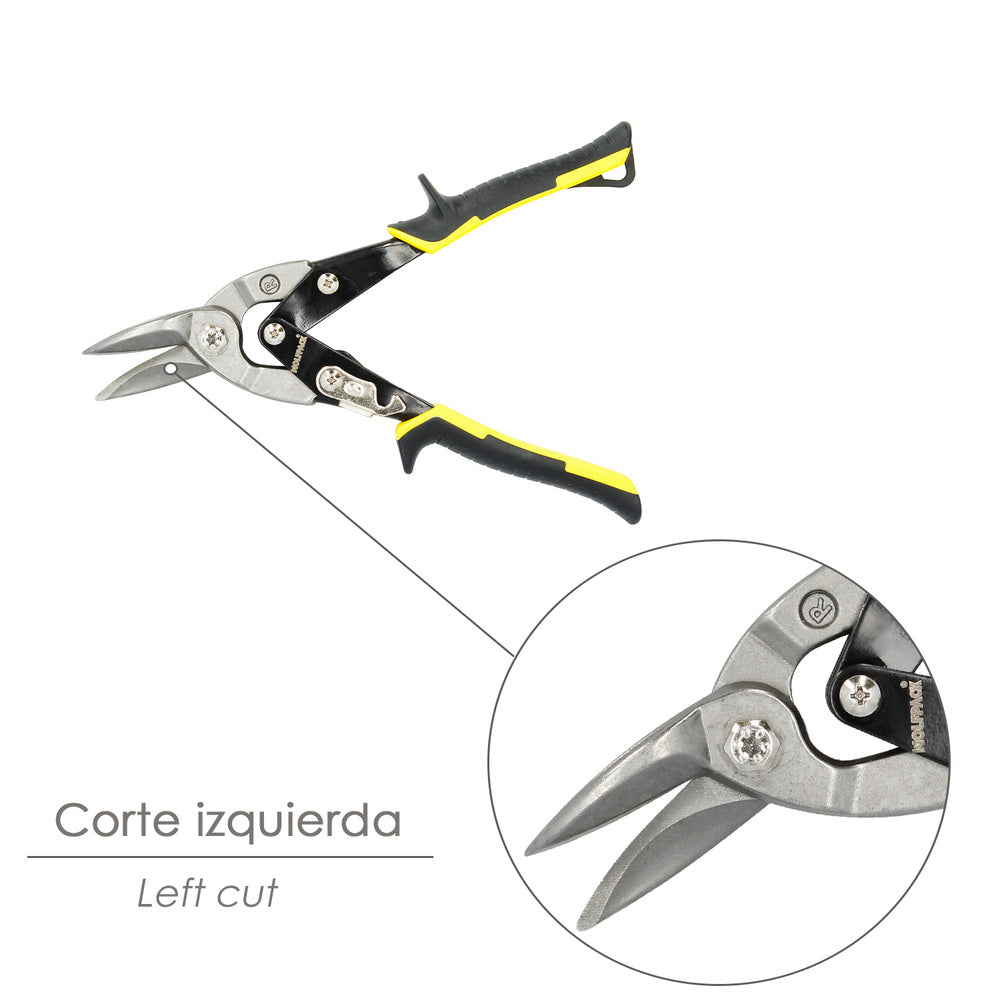 Left-cut tin snips 250mm carbon steel blade, rubberized handles, serrated teeth, sheet metal shears, aviation snips
