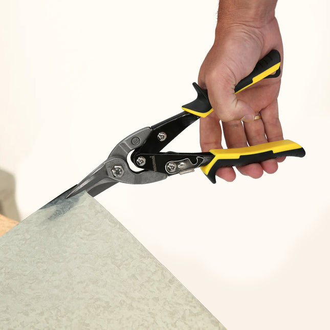 Tijeras chapa corte izquierda 250 mm. hoja acero al carbono, mangos engomados, con dientes serrados, cortachapa, tijera aviacion