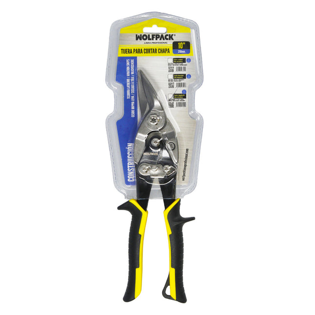 Tijeras chapa corte izquierda 250 mm. hoja acero al carbono, mangos engomados, con dientes serrados, cortachapa, tijera aviacion