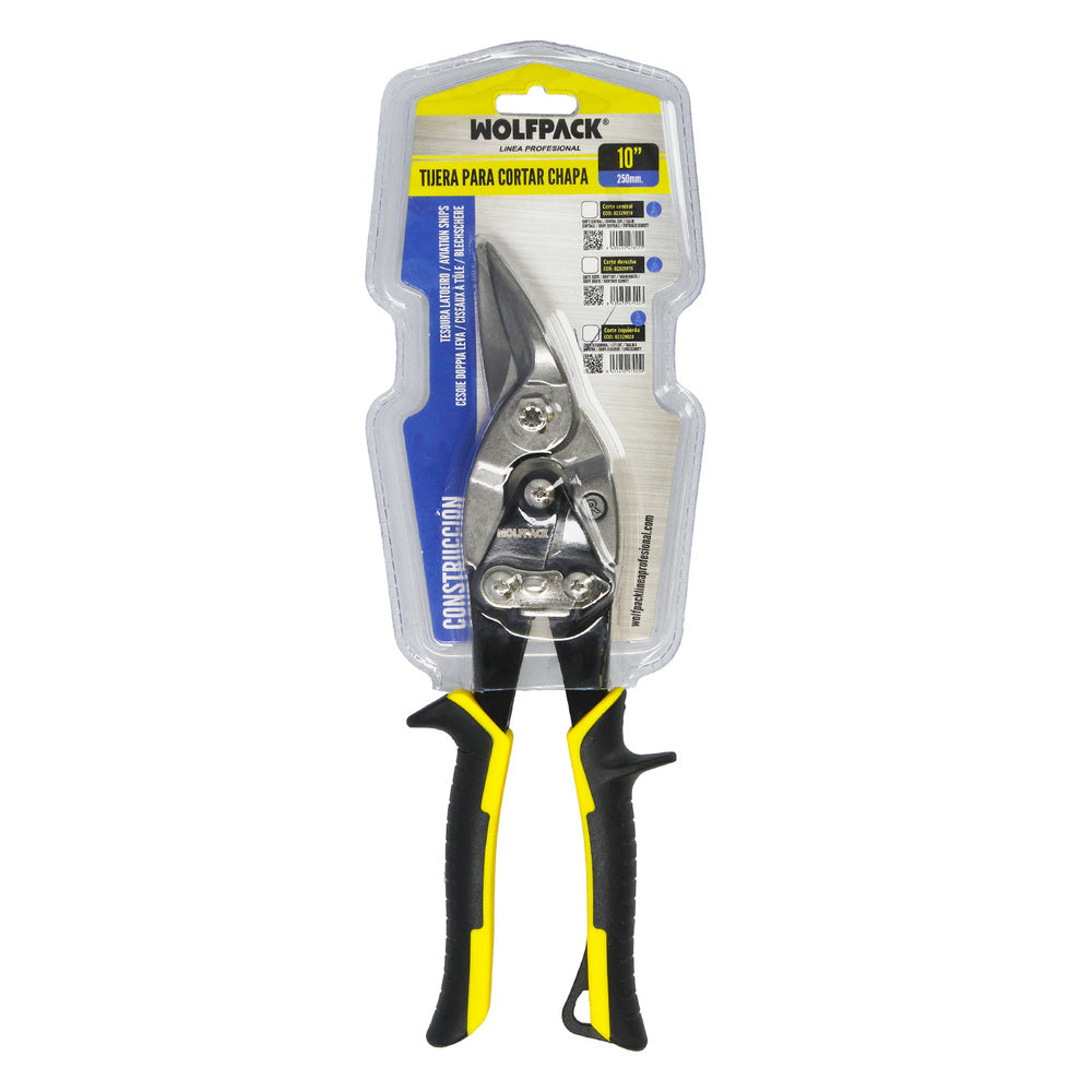 Left-cut tin snips 250mm carbon steel blade, rubberized handles, serrated teeth, sheet metal shears, aviation snips