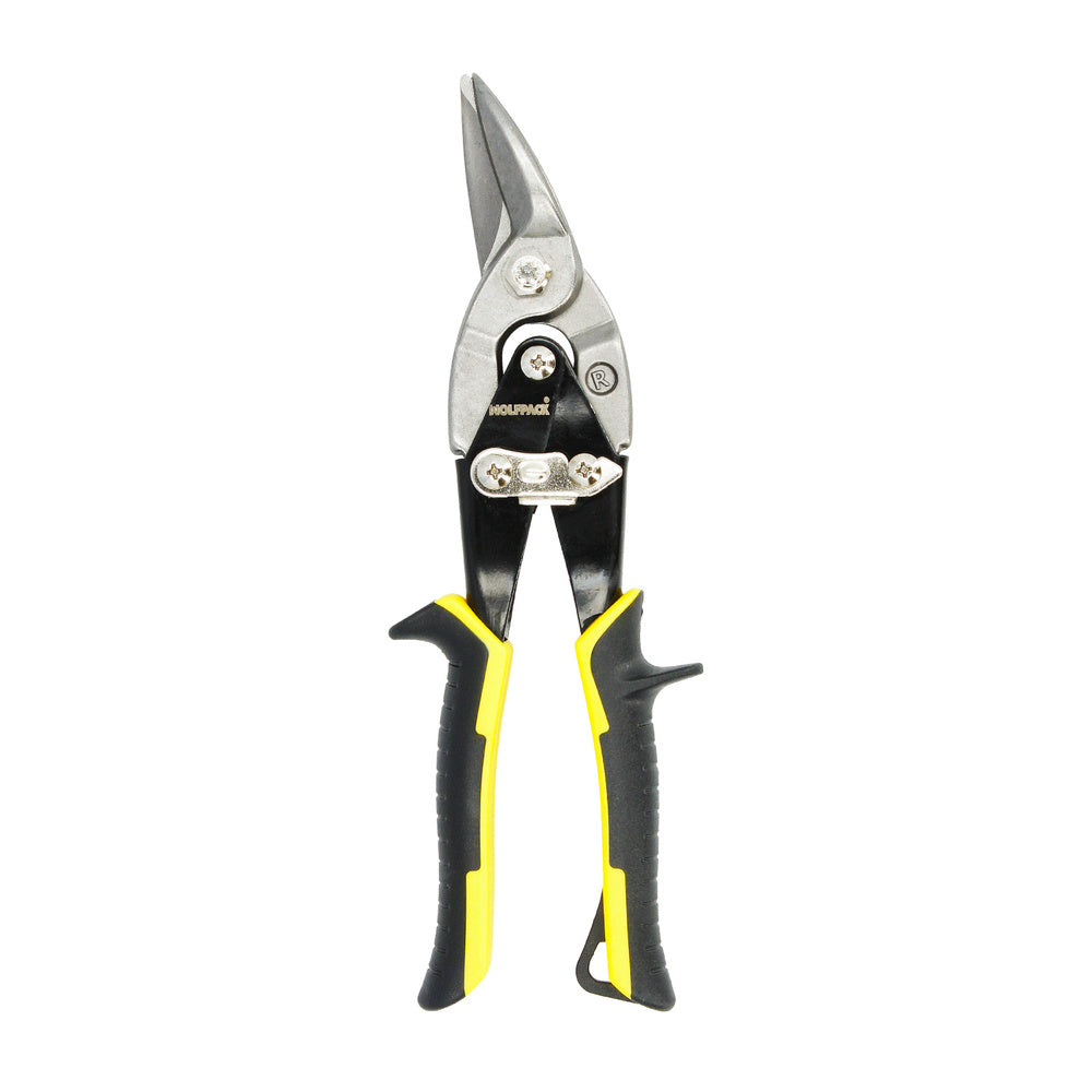 Left-cut tin snips 250mm carbon steel blade, rubberized handles, serrated teeth, sheet metal shears, aviation snips