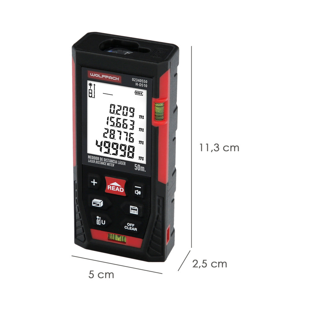 50m Laser Meter 10 functions operates with 2 AAA batteries (not included)