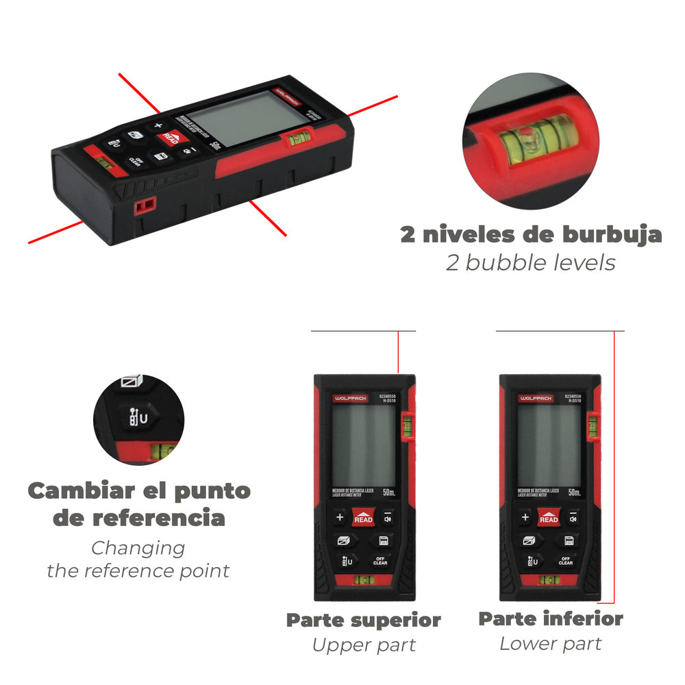 50m Laser Meter 10 functions operates with 2 AAA batteries (not included)