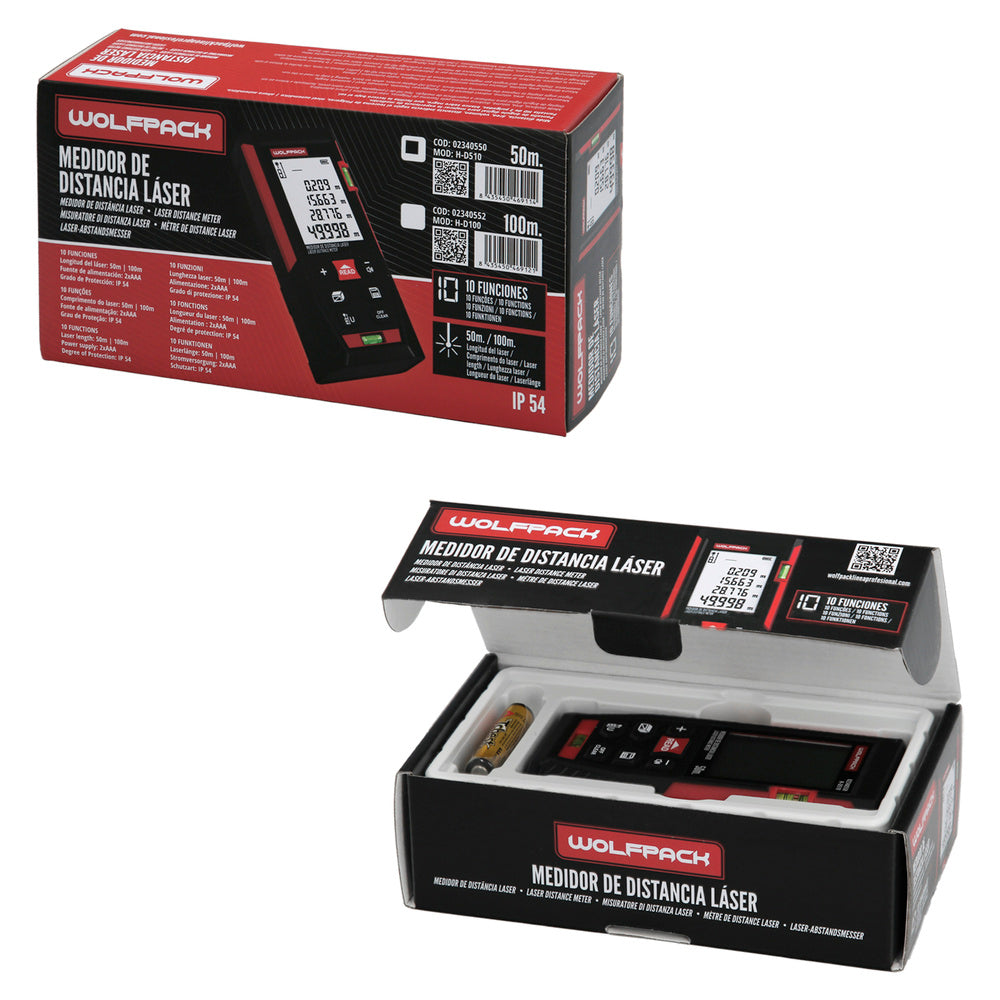 50m Laser Meter 10 functions operates with 2 AAA batteries (not included)