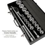 Juego llaves de vaso de acero cromo vanadio con 21 piezas 3/4" plus  con maletin.