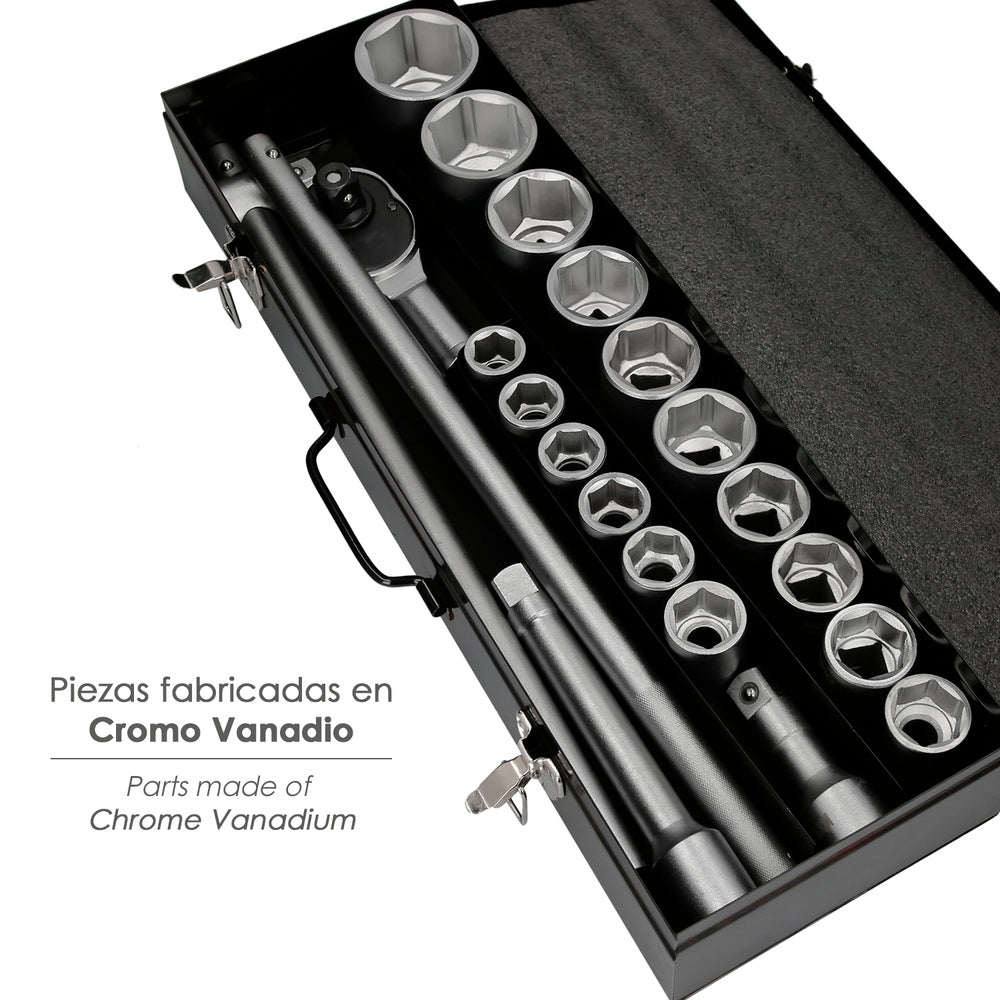 Juego llaves de vaso de acero cromo vanadio con 21 piezas 3/4" plus  con maletin.