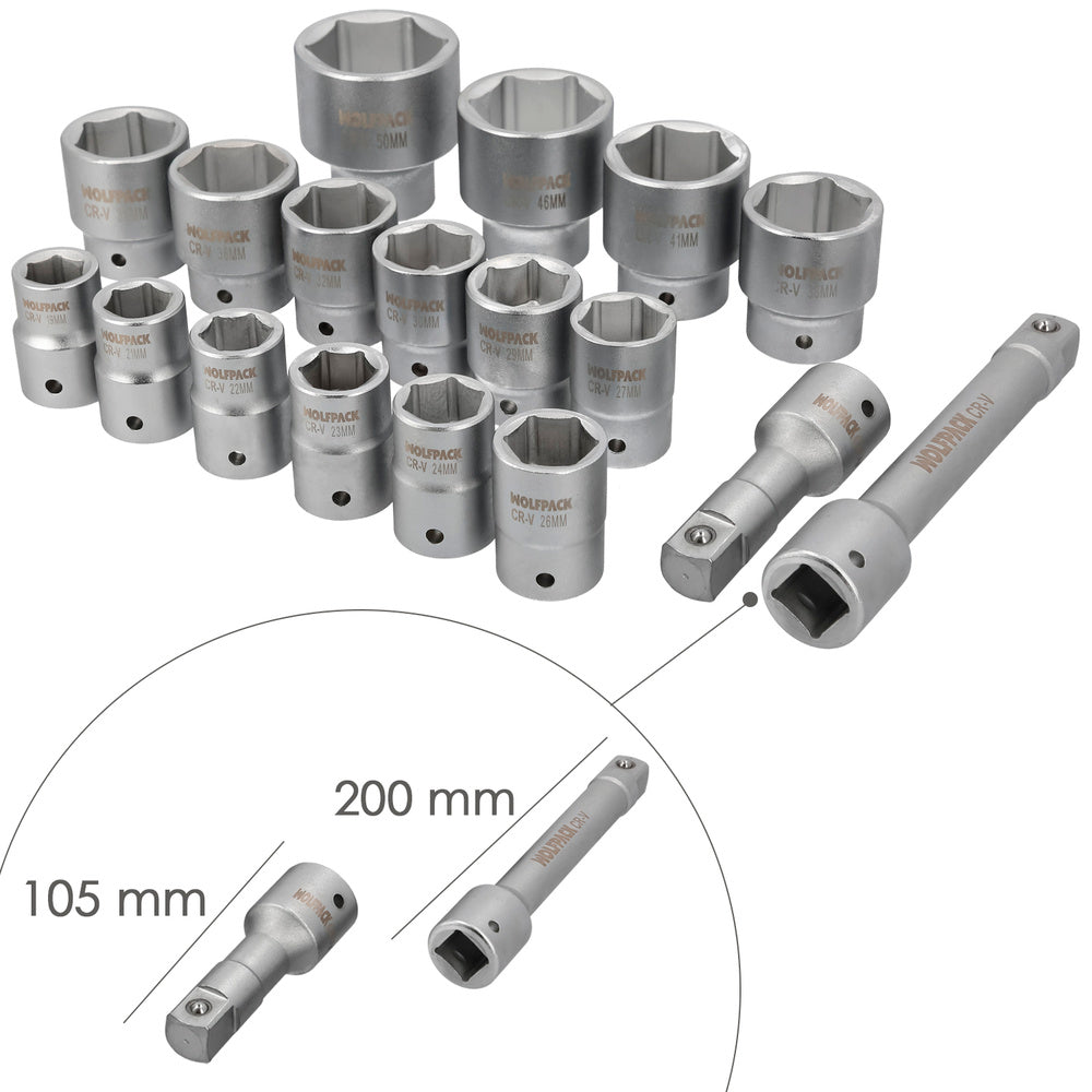 Juego llaves de vaso de acero cromo vanadio con 21 piezas 3/4" plus  con maletin.