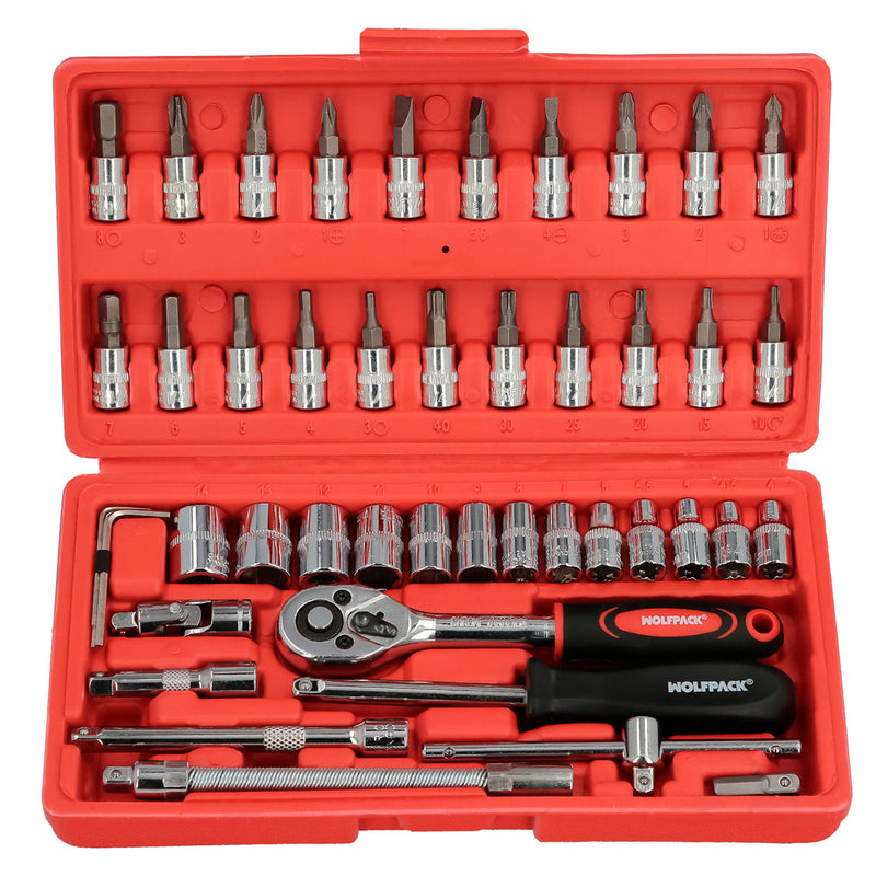 Juego llaves de vaso y puntas 1/4" 46 piezas. con apadtador. cromo vanadio, kit llave combinada, kit carraca, juego llaves vaso