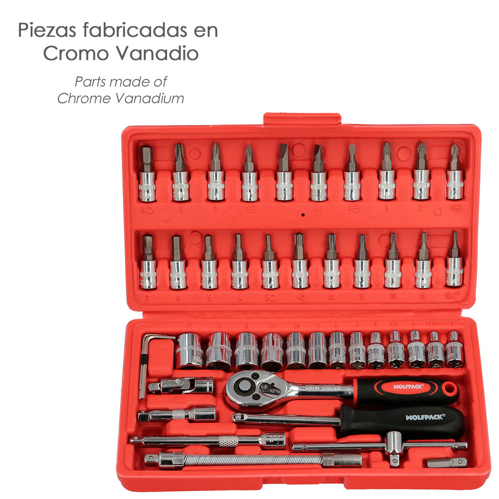 Juego llaves de vaso y puntas 1/4" 46 piezas. Con apadtador. Cromo vanadio, kit llave combinada, kit carraca, juego llaves vaso