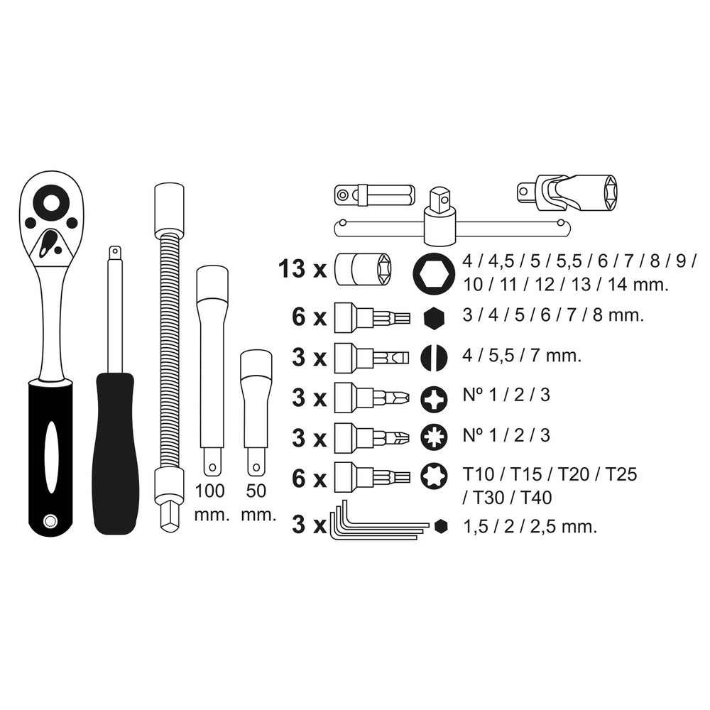 Juego llaves de vaso y puntas 1/4" 46 piezas. Con apadtador. Cromo vanadio, kit llave combinada, kit carraca, juego llaves vaso