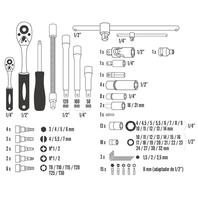 Juego llaves vaso y puntas CRV 94 piezas 1/2" - 1/4"