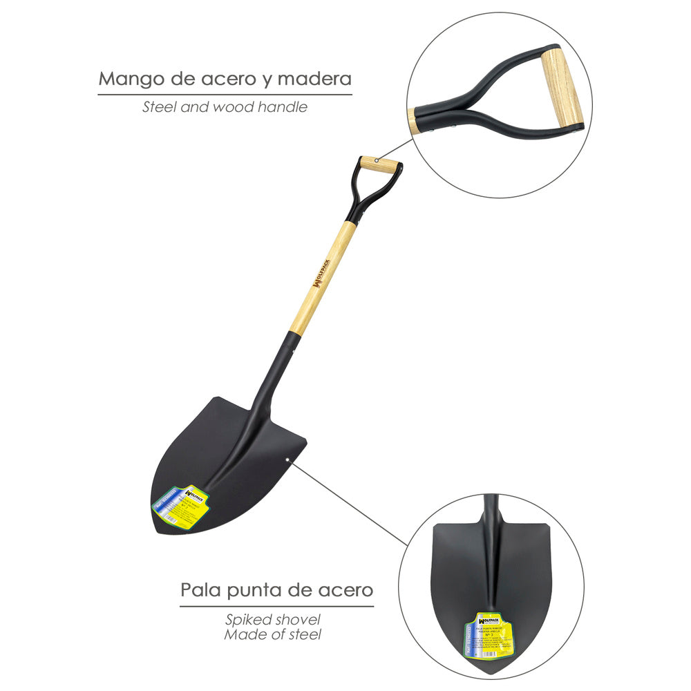 Shovel, wooden handle, pointed, 502/3 ring-type handle