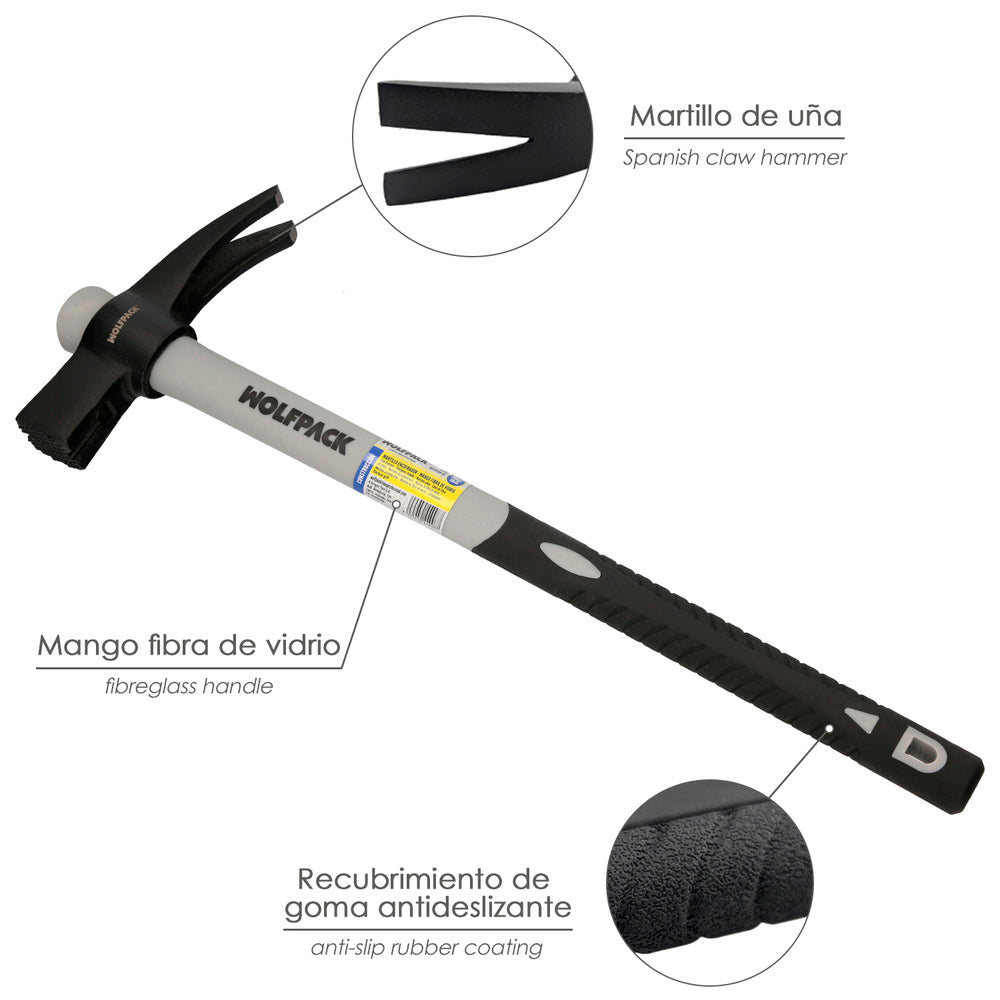 Martillo encofrador magnético fibra vidrio mango fibra vidrio con empuñadura antideslizante. 700 gramos 50 cm