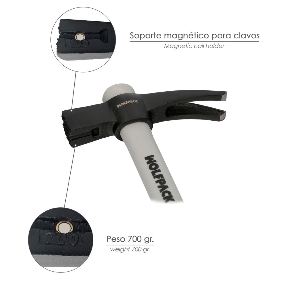 Martillo encofrador magnético fibra vidrio mango fibra vidrio con empuñadura antideslizante. 700 gramos 50 cm